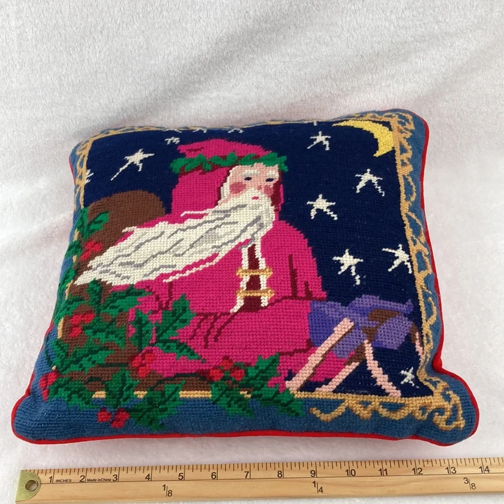 VTG Needlepoint Christmas Santa Claus Moon & Stars Pillow 14”